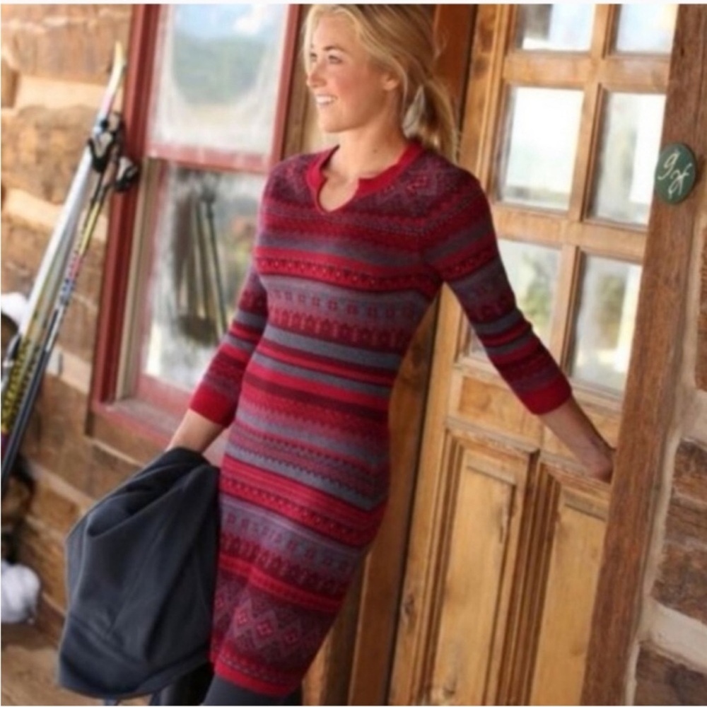 Athleta Nordic Women’s Red Knitted Fara Fair Isle Long Sleeves Dress Size S